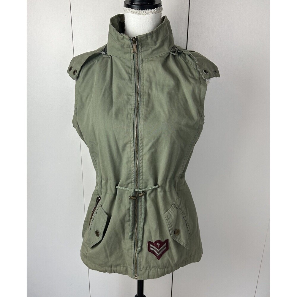 YMI Collection Removable Hood Full Zip pockets Cargo Vest Jacket Sz S Army Green